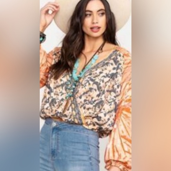 Free People|Cruisin Together Boho mixed print crop top,tribal floral long sleeve - Picture 5 of 16